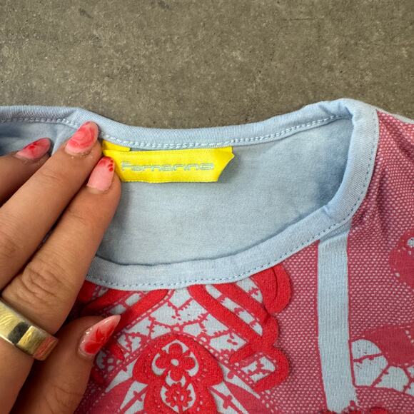 Vintage Y2K Fornarina Made In Italy Cross Embossed Puff Baby Tee Blue Pink M - Picture 5 of 6